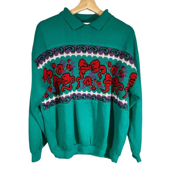 VTG 90s Grannycore Lauren Brooke Collared Crewneck Sweatshirt SIZE MEDIUM Green - Picture 1 of 7